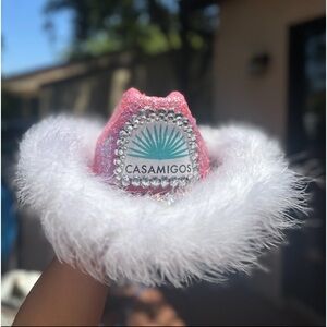 Pink glitter Casamigos bedazzled white fur trim cowgirl hat